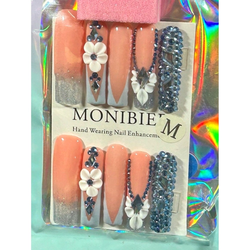 3D Floral Peach Press On Nails Blue Rhinestone Stiletto Glam Wedding Prom